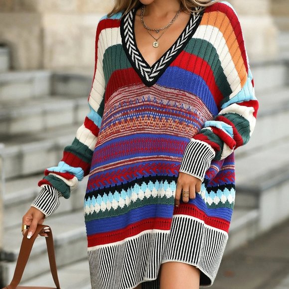 MODA ME COUTURE Dresses & Skirts - tribal multicolor stripes and shapes pattern sweater dress